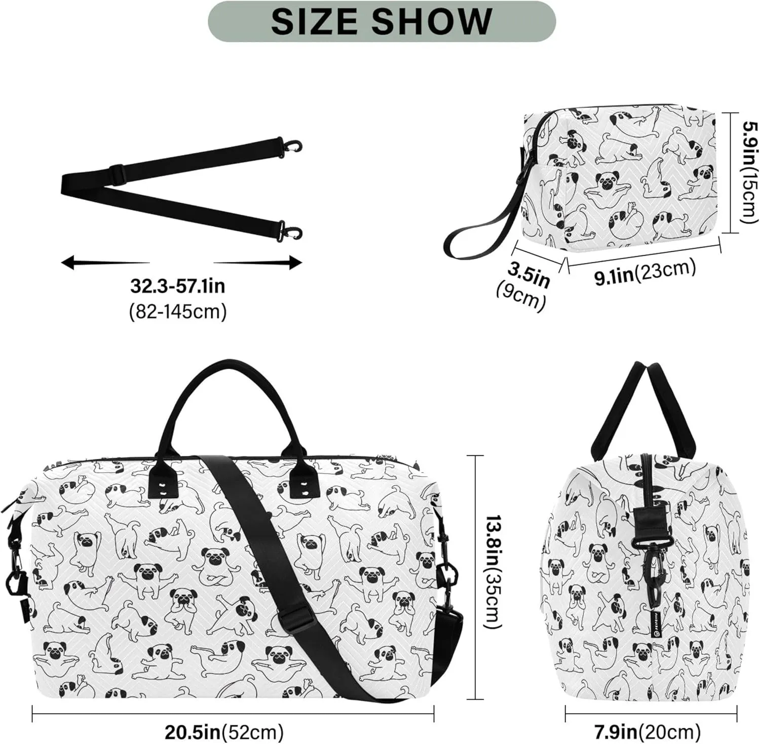 Cartoon Puppy Comic Outline Travel Duffel Bag Cosmetic Pouch Set, Decorative Womens Small Duffel Bag Weekender Travel Bag