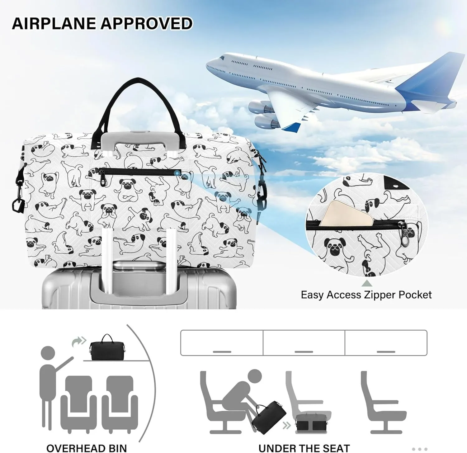 Cartoon Puppy Comic Outline Travel Duffel Bag Cosmetic Pouch Set, Decorative Womens Small Duffel Bag Weekender Travel Bag