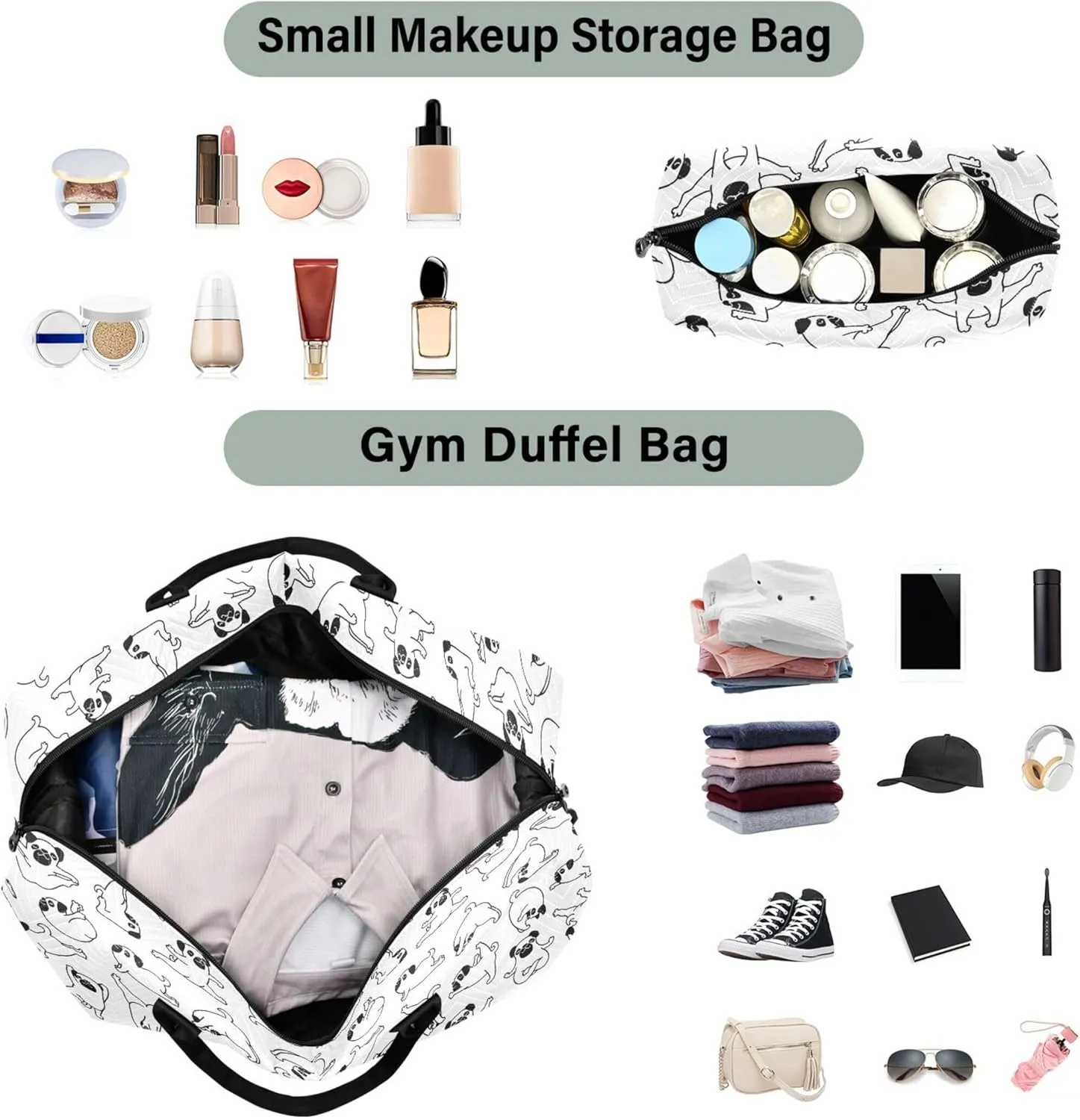 Cartoon Puppy Comic Outline Travel Duffel Bag Cosmetic Pouch Set, Decorative Womens Small Duffel Bag Weekender Travel Bag