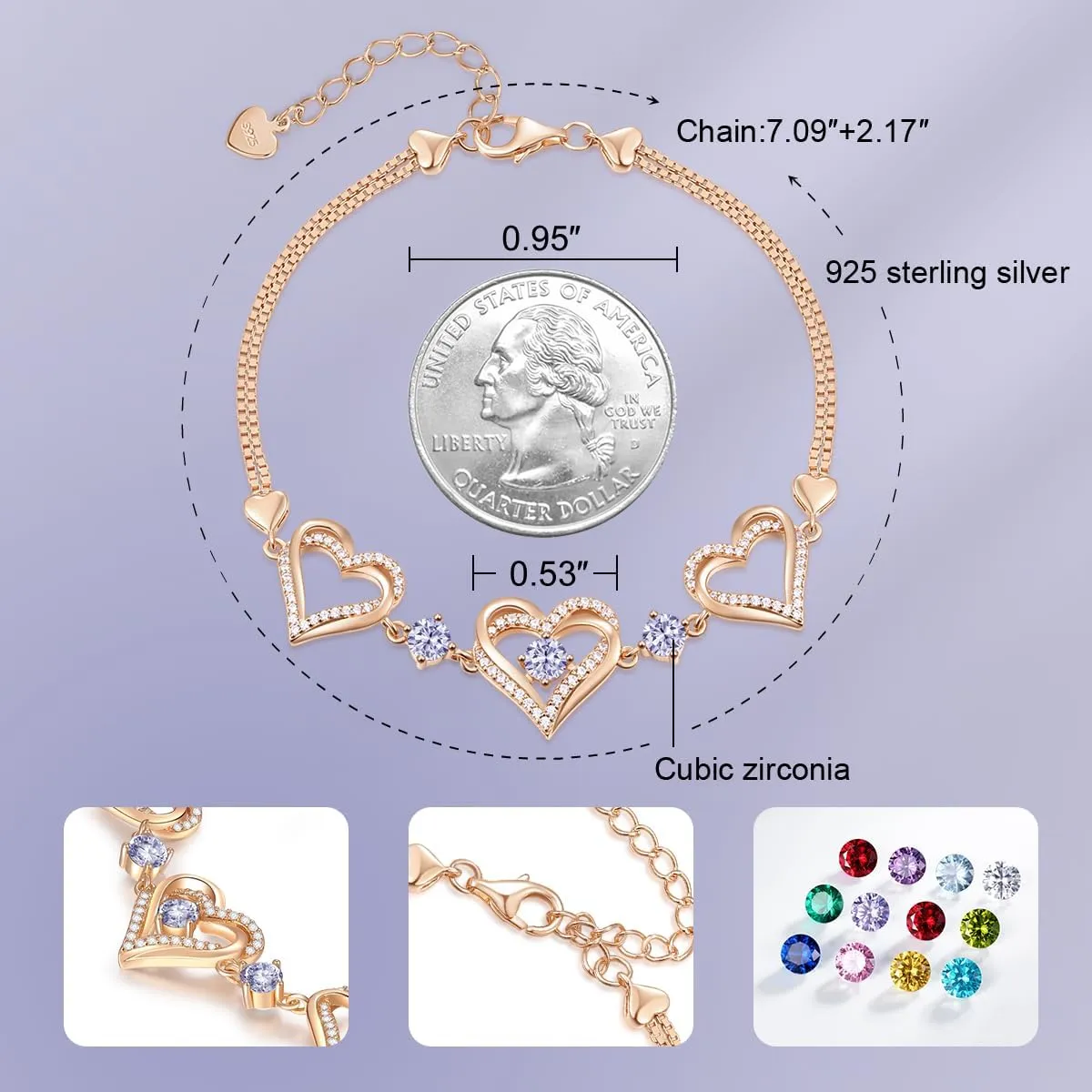 CDE Forever Love Heart Charm Link Bracelet for Women, 925 Sterling Silver Birthstone Bracelet Mother's Day Gift Anniversary Christmas Birthday Jewelry Gifts for Women Wife Her Girlfriend