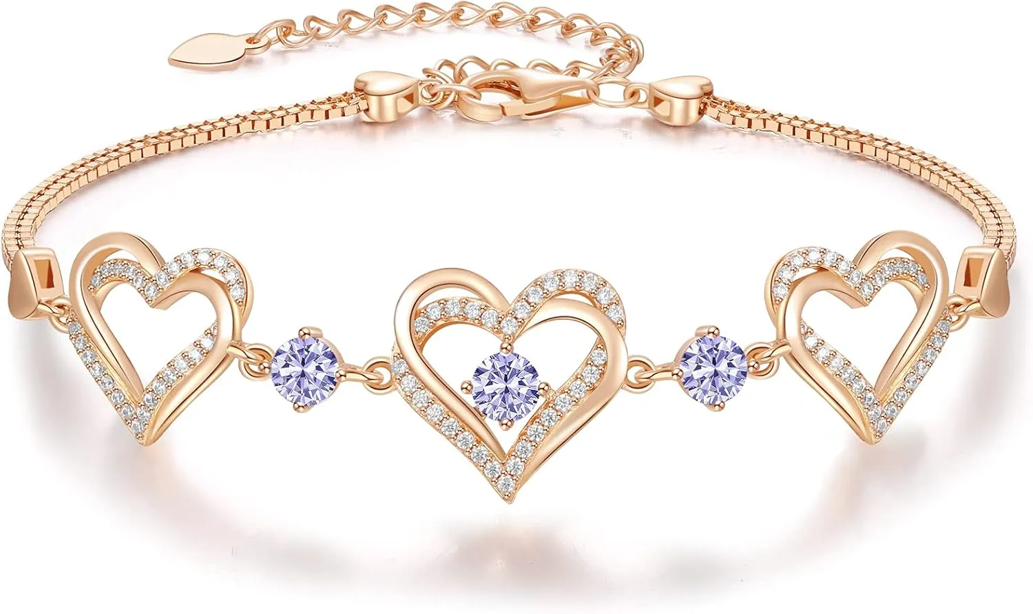 CDE Forever Love Heart Charm Link Bracelet for Women, 925 Sterling Silver Birthstone Bracelet Mother's Day Gift Anniversary Christmas Birthday Jewelry Gifts for Women Wife Her Girlfriend