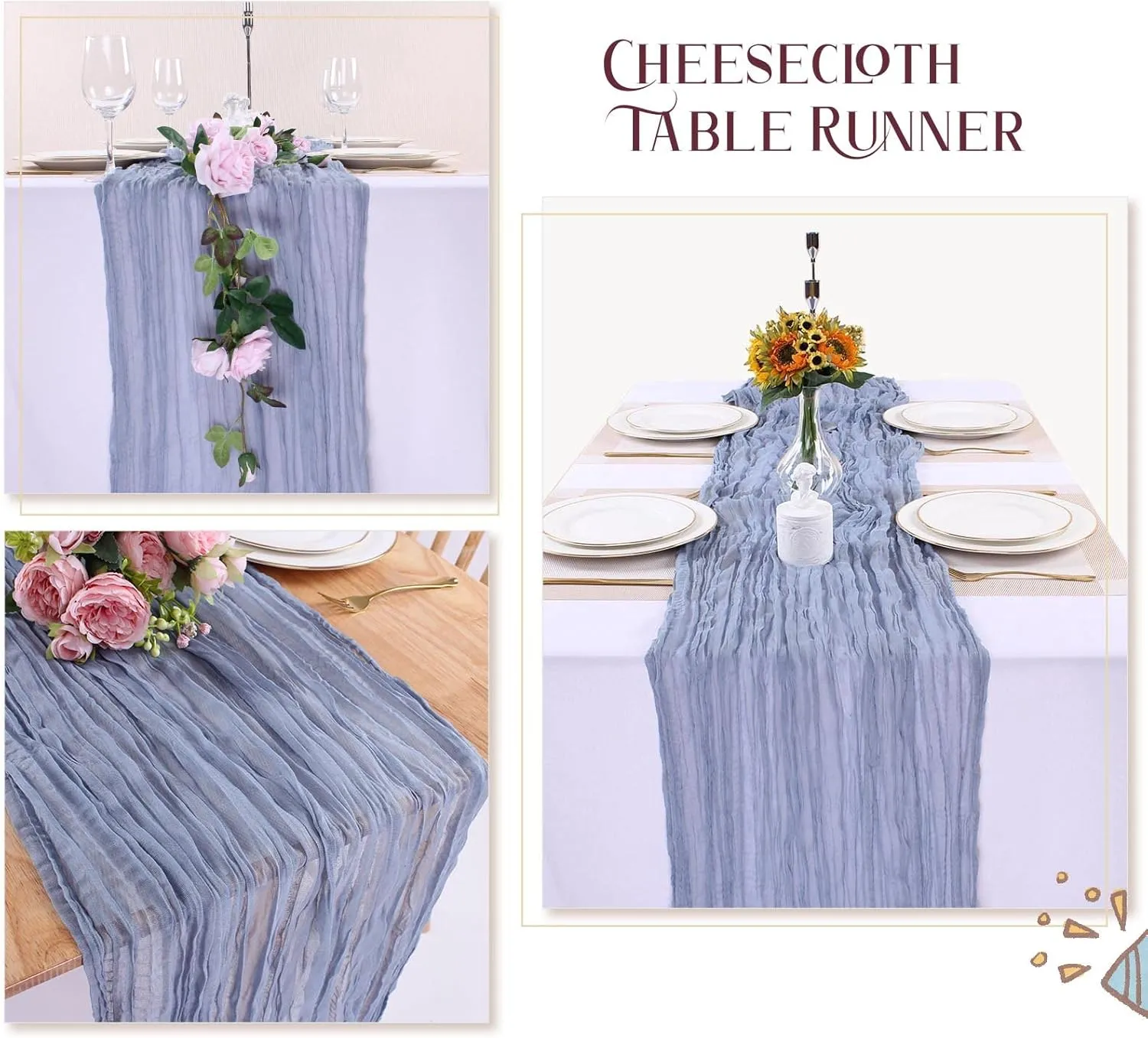 Cheesecloth Gauze Table Runners - Dusty Blue, 13.3ft, 8 Pack, Boho, Sheer, Wedding Decor, Baby Shower, Party Decorations