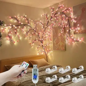 Cherry Enchanted Willow Vine Lights, Cherry Blossom LED Tree Branch Lights for Wall, 7.55FT 144 LED, Remote Timer, 8 Light Model, for Bedroom Wall Doors Windows Wedding Christmas Holiday
