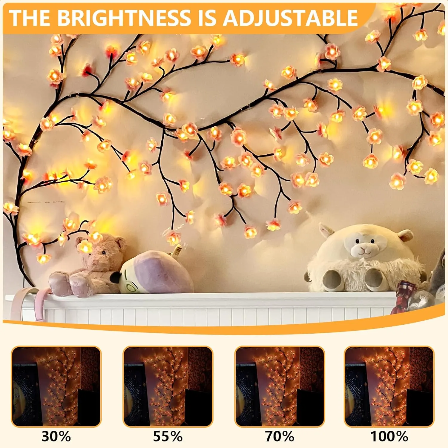 Cherry Enchanted Willow Vine Lights, Cherry Blossom LED Tree Branch Lights for Wall, 7.55FT 144 LED, Remote Timer, 8 Light Model, for Bedroom Wall Doors Windows Wedding Christmas Holiday