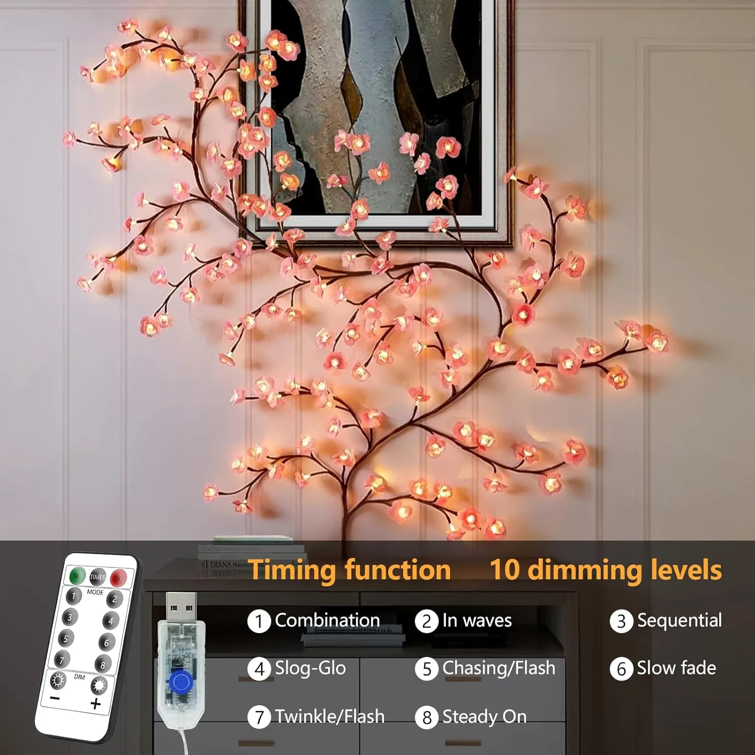Cherry Enchanted Willow Vine Lights, Cherry Blossom LED Tree Branch Lights for Wall, 7.55FT 144 LED, Remote Timer, 8 Light Model, for Bedroom Wall Doors Windows Wedding Christmas Holiday