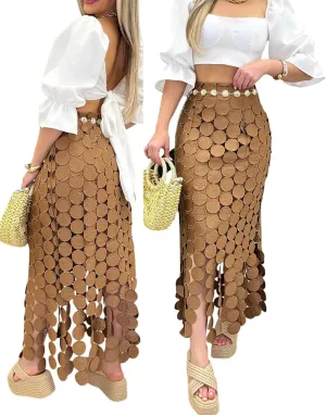 CHICME Womens Beach Dress Vocation Midi Skirt Hollow-Out Boho Tassel Over-Knee Long Skirt