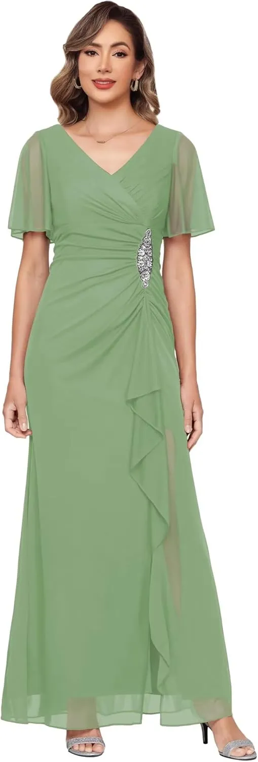 Chiffon Mother of The Bride Dresses with Sleeves V Neck Beaded Ruffled Formal Evening Dress LA046