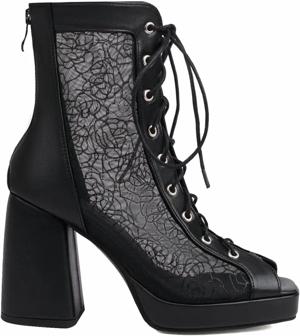 Chunky Heel Peep Toe Booties for Women Platform Heel Mesh Booties Summer Open Toe Booties
