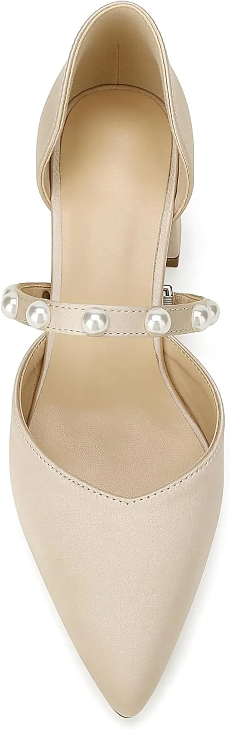 Closed Toe Pearl Low Block Heels Wedding Shoes for Bride Chunky Heels Pumps for Women Bridal Shoes for Wedding
