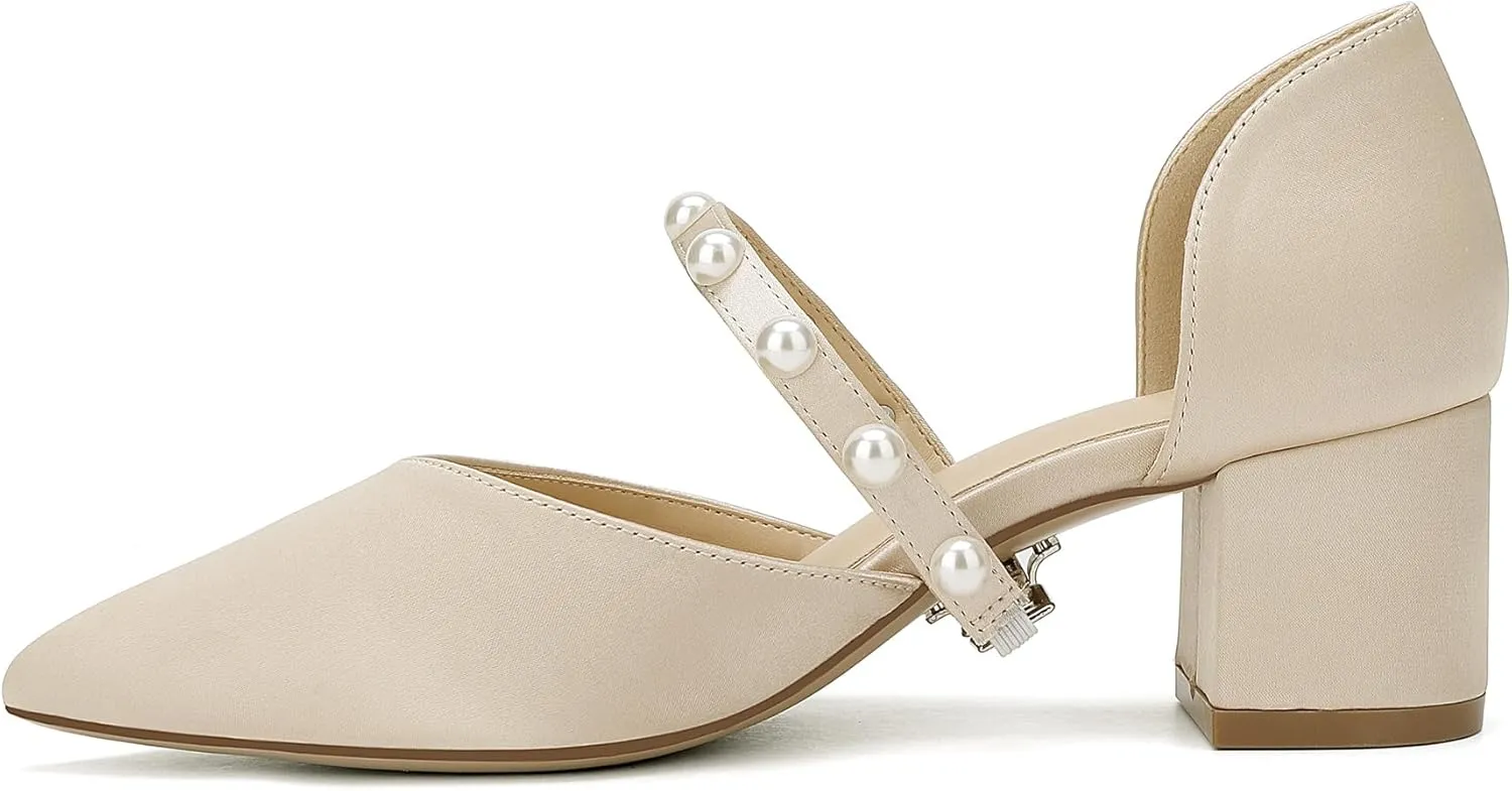 Closed Toe Pearl Low Block Heels Wedding Shoes for Bride Chunky Heels Pumps for Women Bridal Shoes for Wedding