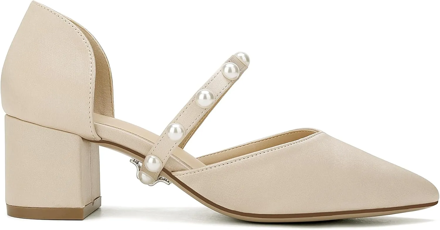 Closed Toe Pearl Low Block Heels Wedding Shoes for Bride Chunky Heels Pumps for Women Bridal Shoes for Wedding