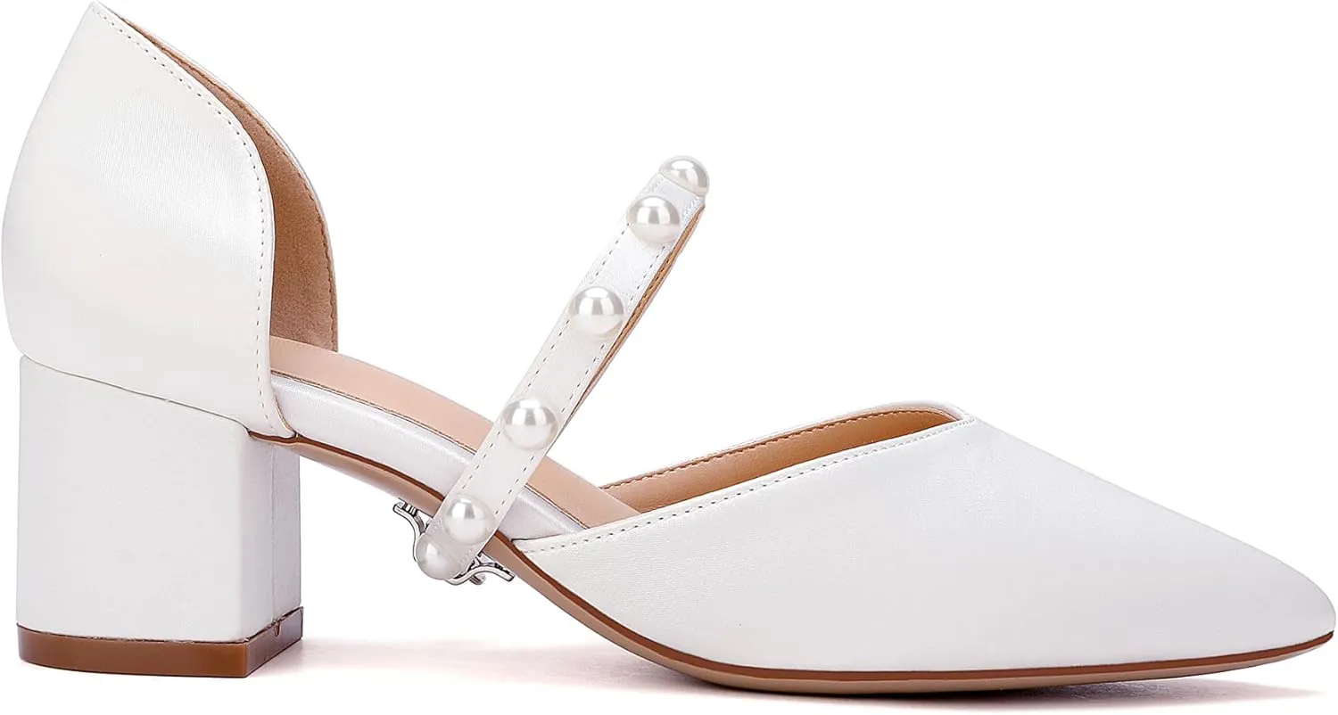 Closed Toe Pearl Low Block Heels Wedding Shoes for Bride Chunky Heels Pumps for Women Bridal Shoes for Wedding