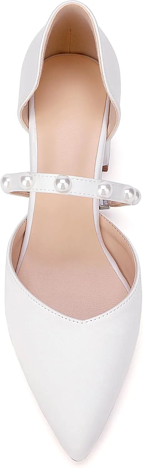 Closed Toe Pearl Low Block Heels Wedding Shoes for Bride Chunky Heels Pumps for Women Bridal Shoes for Wedding