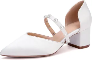 Closed Toe Pearl Low Block Heels Wedding Shoes for Bride Chunky Heels Pumps for Women Bridal Shoes for Wedding