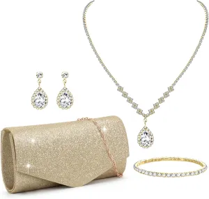 Clutch Purse Jewelry Set for Women Evening Bags Silver Gold Rhinestone Crystal Necklace Earrings Bracelet Set Formal Wedding Bridal Accessories Jewelry for Prom
