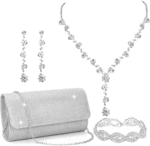 Clutch Purse Jewelry Set for Women Evening Bags Silver Gold Rhinestone Crystal Necklace Earrings Bracelet Set Formal Wedding Bridal Accessories Jewelry for Prom