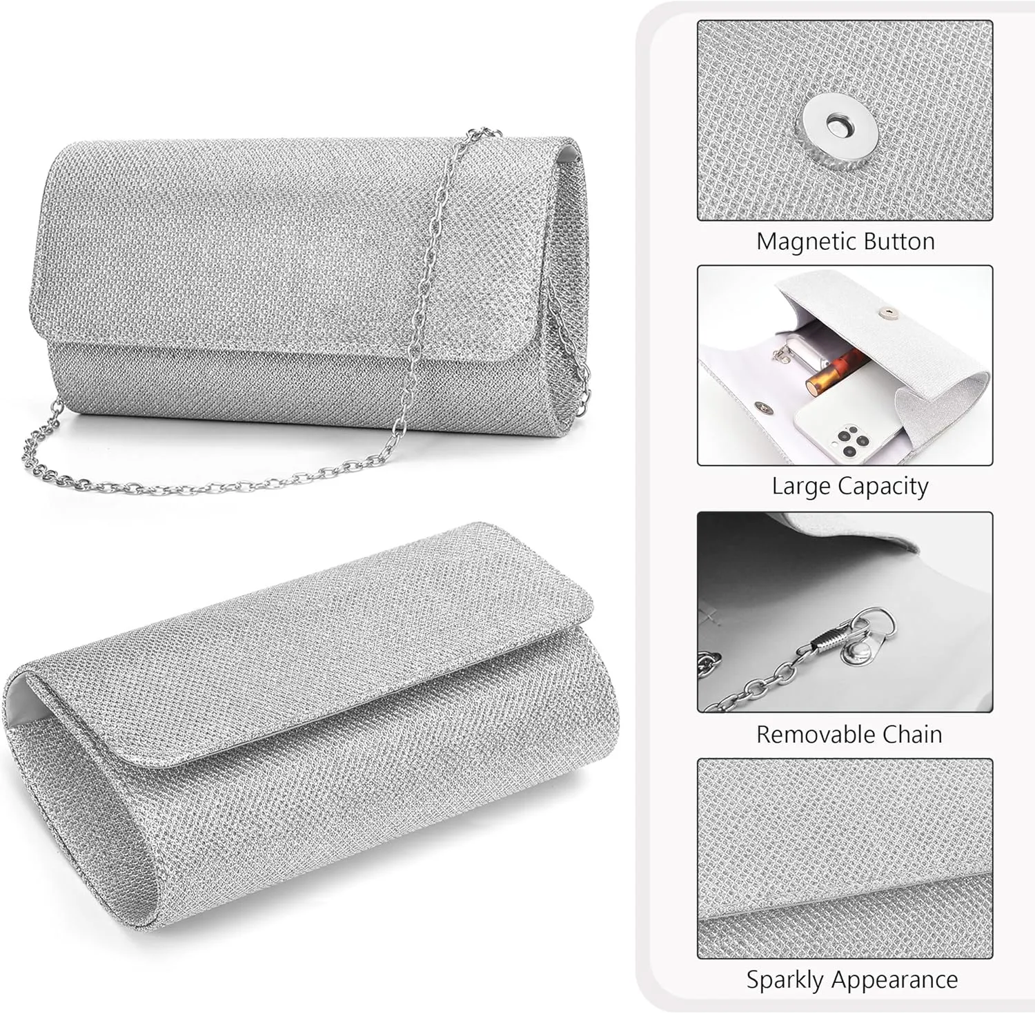 Clutch Purse Jewelry Set for Women Evening Bags Silver Gold Rhinestone Crystal Necklace Earrings Bracelet Set Formal Wedding Bridal Accessories Jewelry for Prom