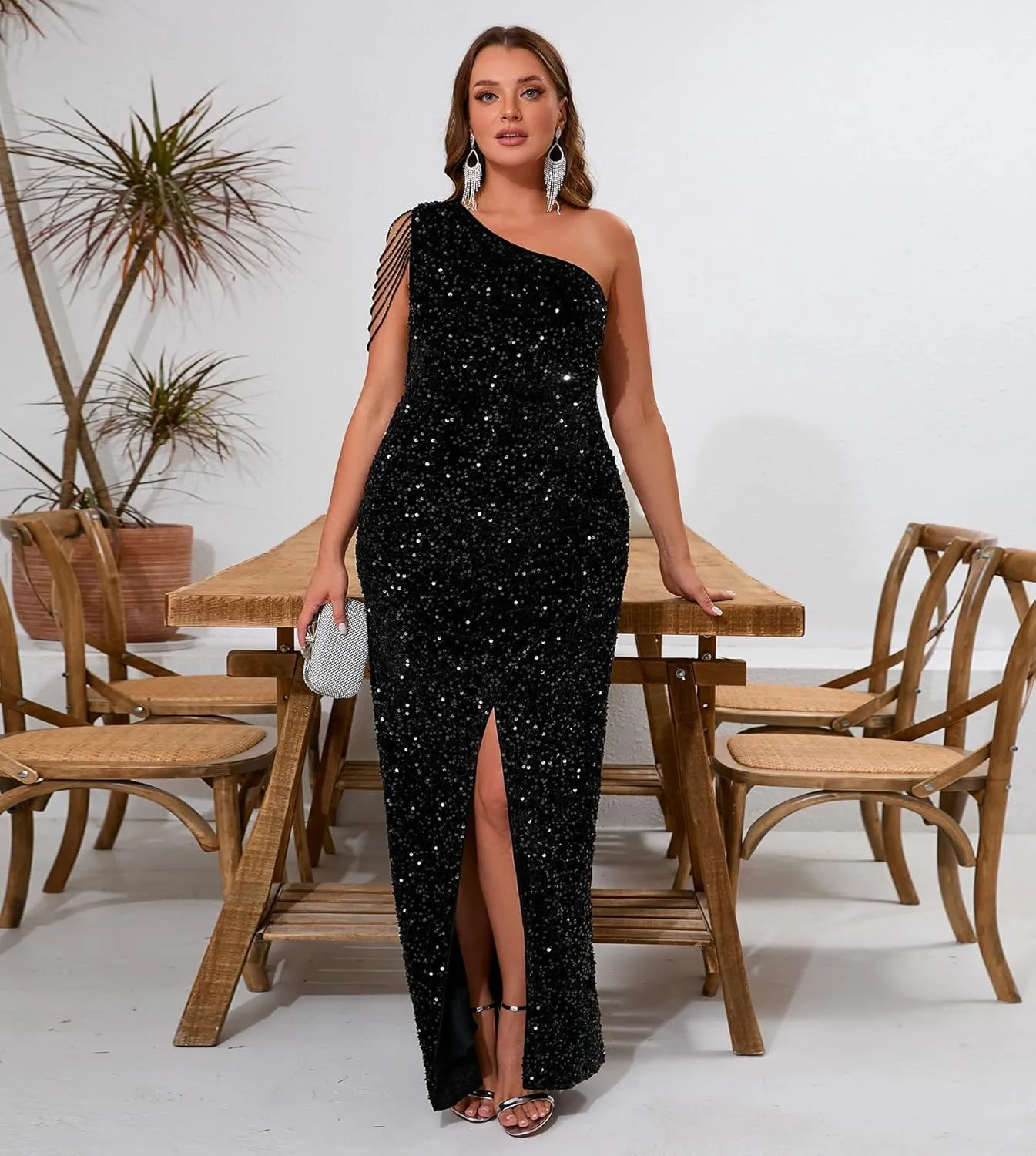 Cololura Women Sequin Elegant Sexy One Shoulder Tassel Mermaid Bodycon Cocktail Evening Dress