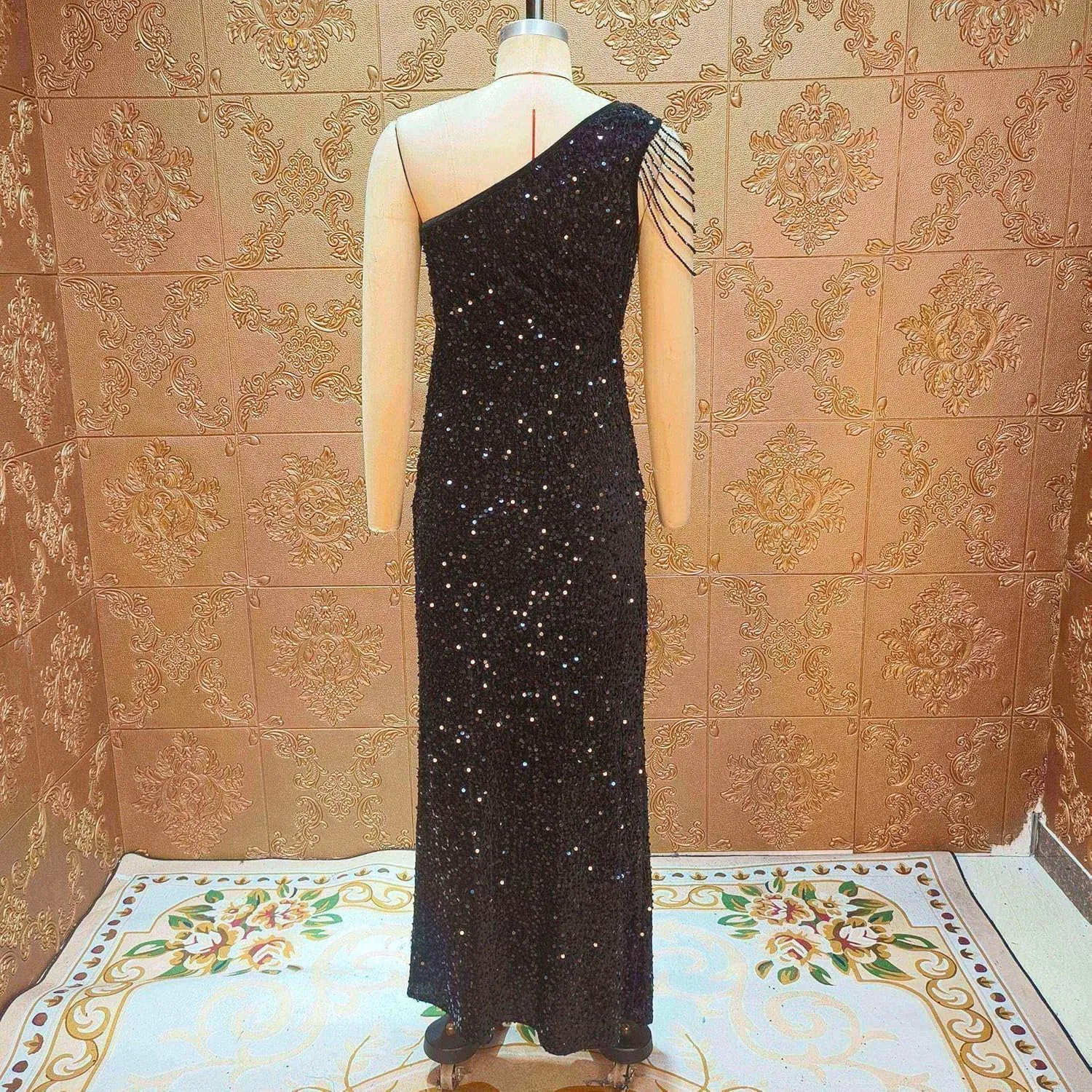 Cololura Women Sequin Elegant Sexy One Shoulder Tassel Mermaid Bodycon Cocktail Evening Dress