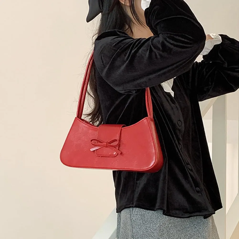 Coquette Bow Shoulder Bag for Women Retro Trendy Y2k Underarm Bag Cute Bow Leather Purses and Handbag for Gift