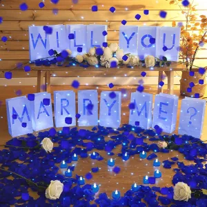 Coume 2051 Pcs Proposal Decorations Kit 15 Will You Marry Me Sign Luminary Paper Bags 2000 Rose Petals 36 Heart Flameless Candles with USB Romantic Night Light for Proposal Wedding Party(Blue)