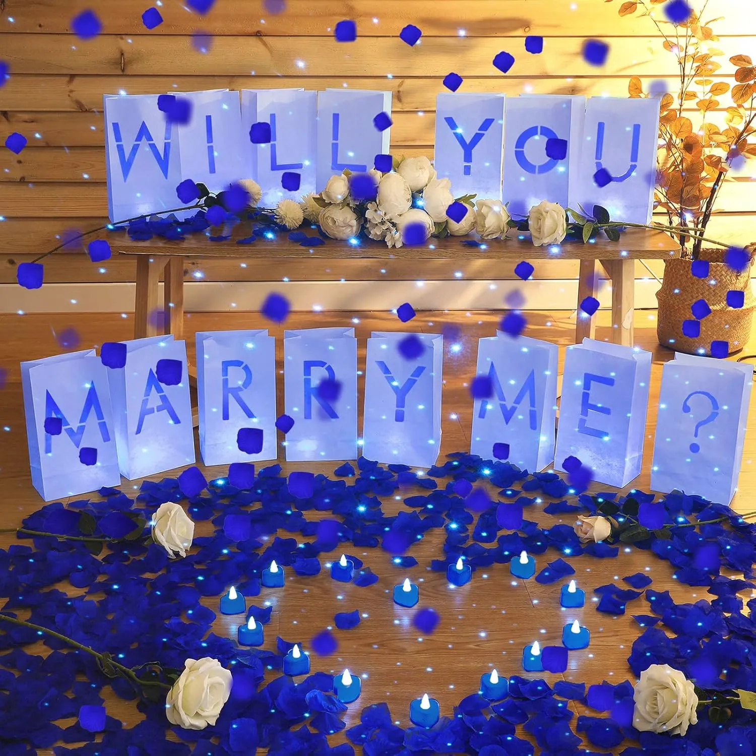 Coume 2051 Pcs Proposal Decorations Kit 15 Will You Marry Me Sign Luminary Paper Bags 2000 Rose Petals 36 Heart Flameless Candles with USB Romantic Night Light for Proposal Wedding Party(Blue)