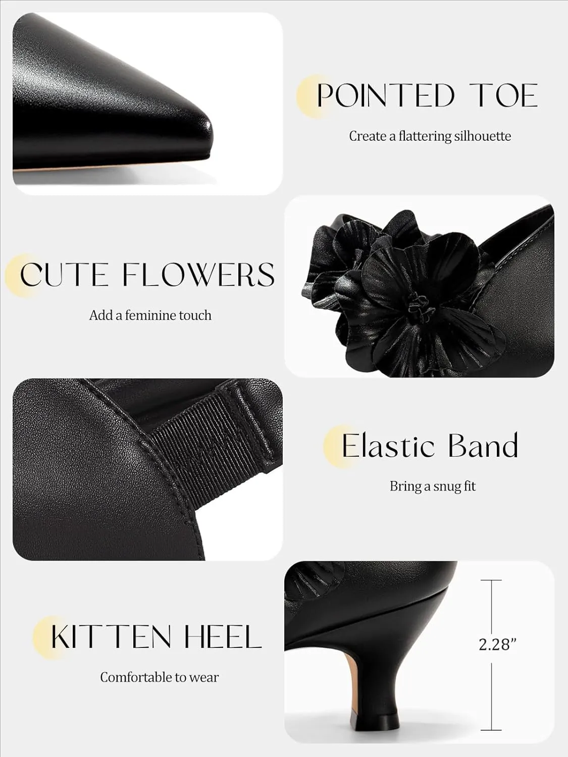 Coutgo Womens Low Kitten Heels Dressy Shoes Comfortable Closed Toe Flower Slip on Formal Party Dance Heeled Pumps