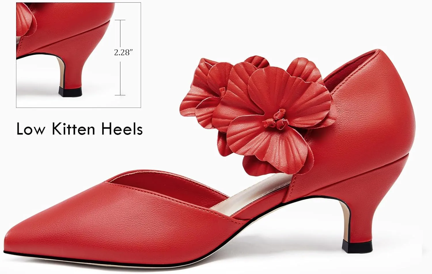 Coutgo Womens Low Kitten Heels Dressy Shoes Comfortable Closed Toe Flower Slip on Formal Party Dance Heeled Pumps