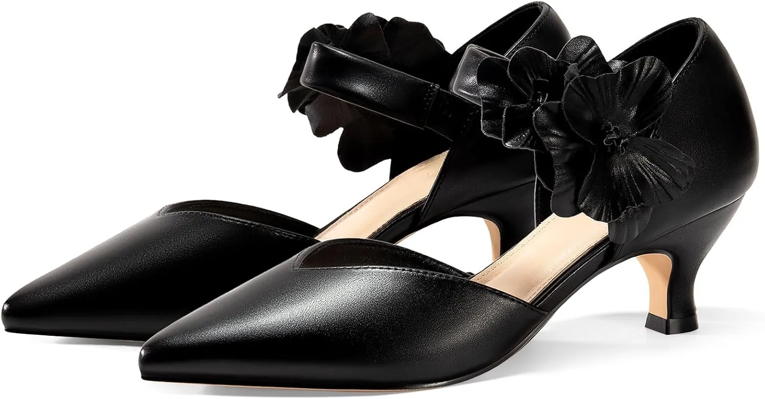 Coutgo Womens Low Kitten Heels Dressy Shoes Comfortable Closed Toe Flower Slip on Formal Party Dance Heeled Pumps