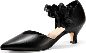 Coutgo Womens Low Kitten Heels Dressy Shoes Comfortable Closed Toe Flower Slip on Formal Party Dance Heeled Pumps