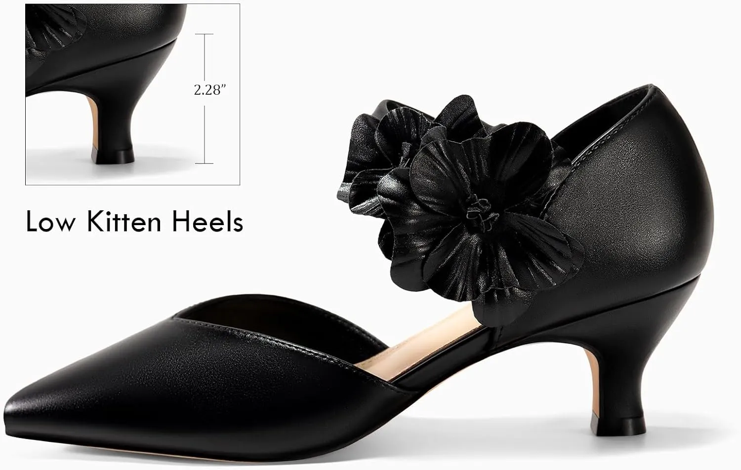 Coutgo Womens Low Kitten Heels Dressy Shoes Comfortable Closed Toe Flower Slip on Formal Party Dance Heeled Pumps