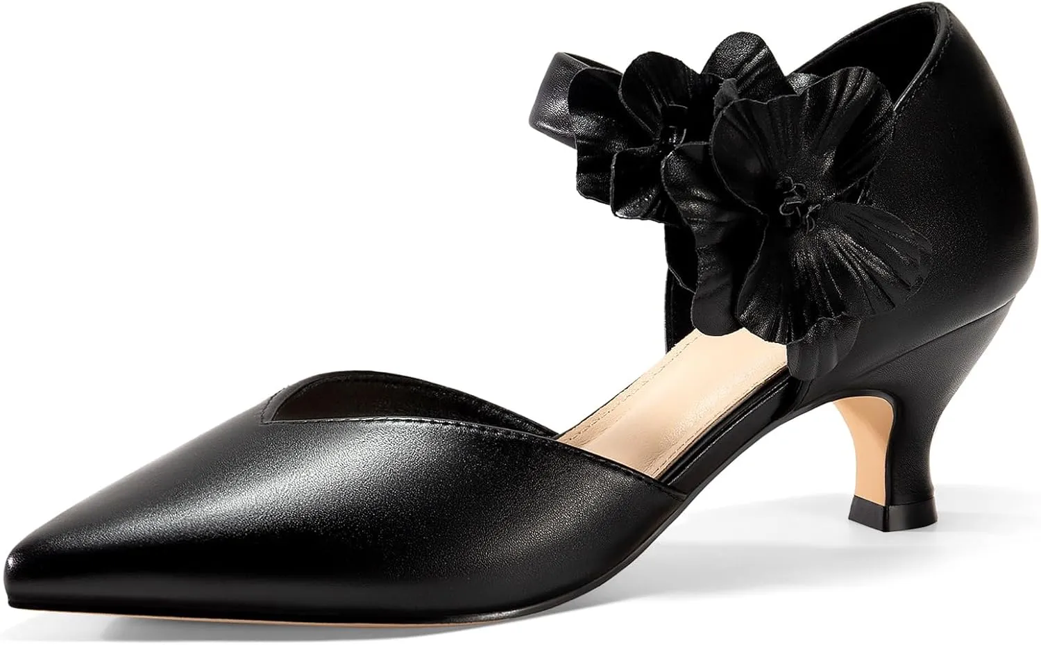 Coutgo Womens Low Kitten Heels Dressy Shoes Comfortable Closed Toe Flower Slip on Formal Party Dance Heeled Pumps