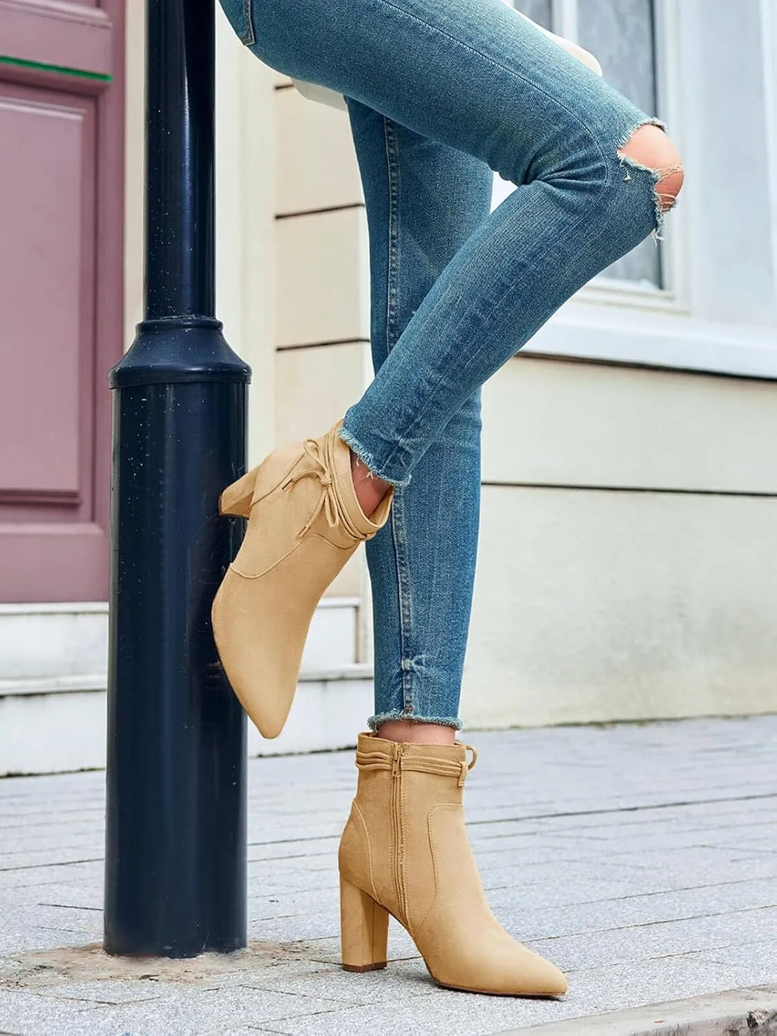 Coutgo Womens Pointed Toe Ankle Boots Chunky Block Heel Tie Knot Side Zipper Dressy Booties