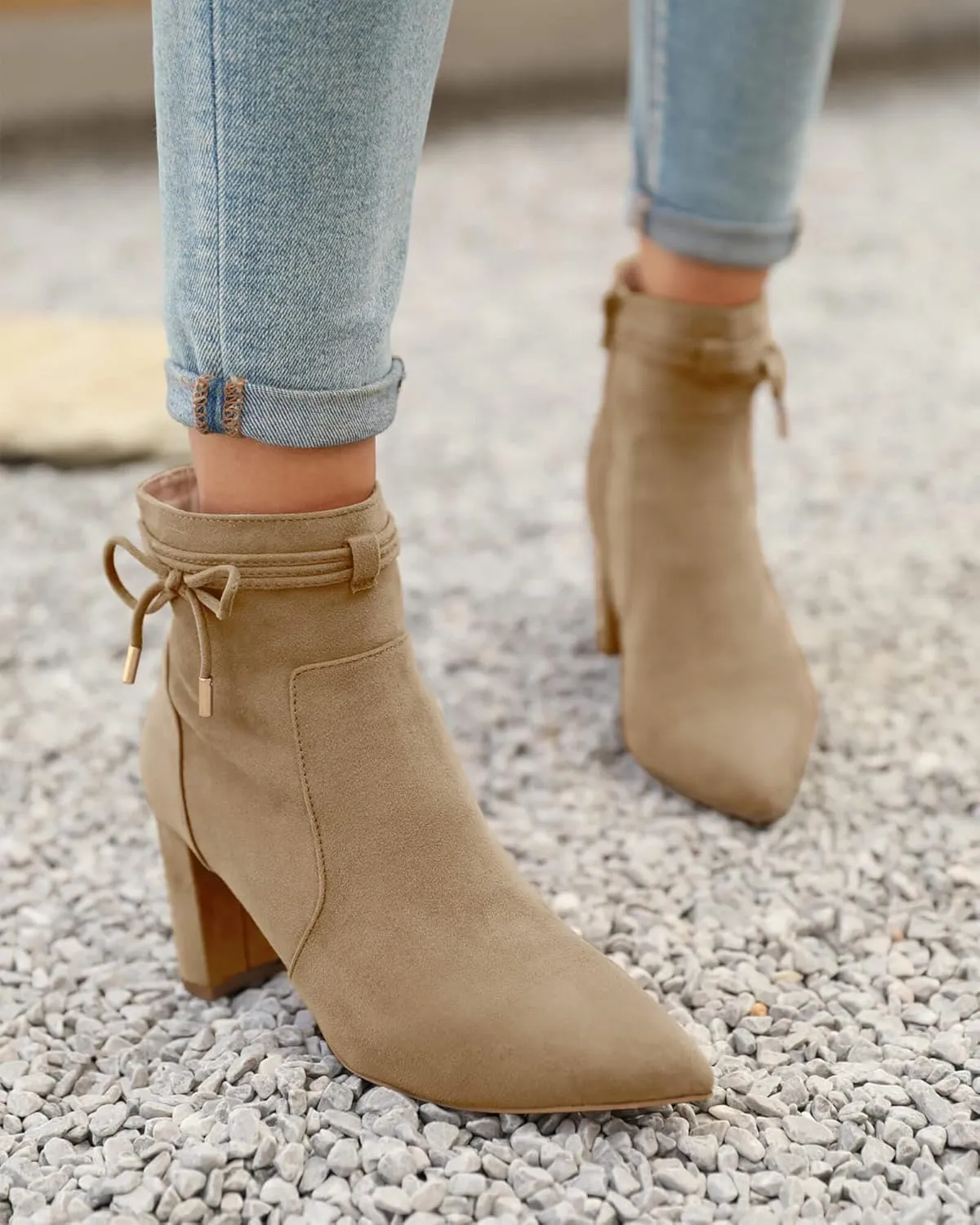 Coutgo Womens Pointed Toe Ankle Boots Chunky Block Heel Tie Knot Side Zipper Dressy Booties