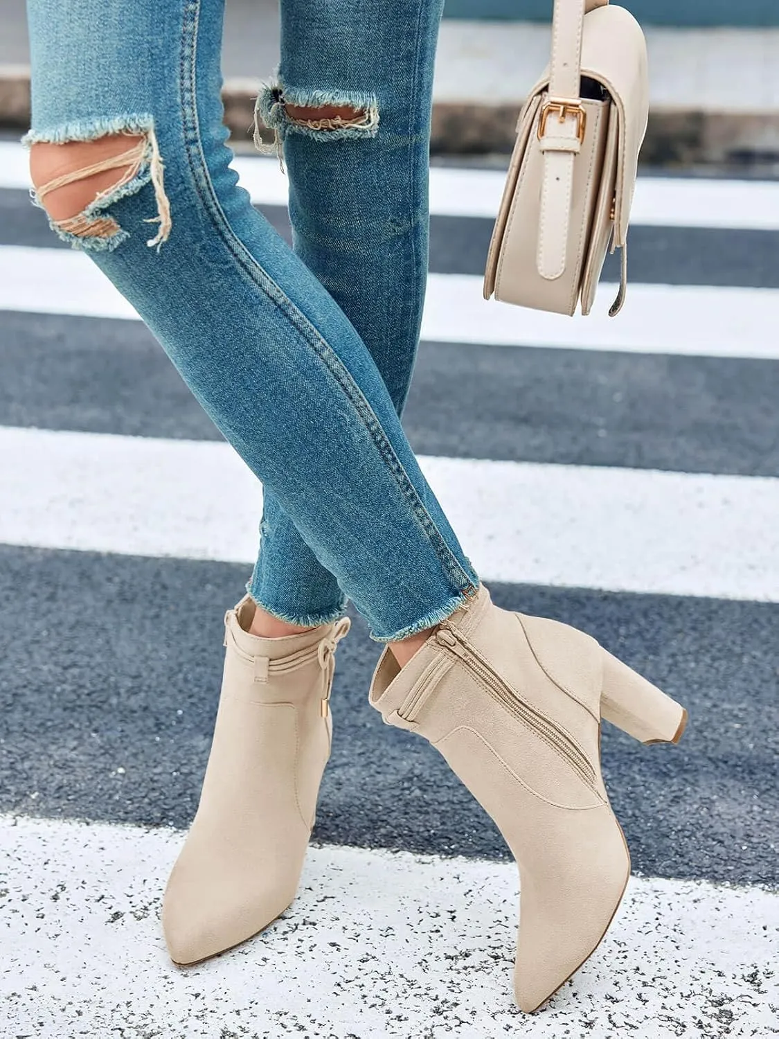 Coutgo Womens Pointed Toe Ankle Boots Chunky Block Heel Tie Knot Side Zipper Dressy Booties