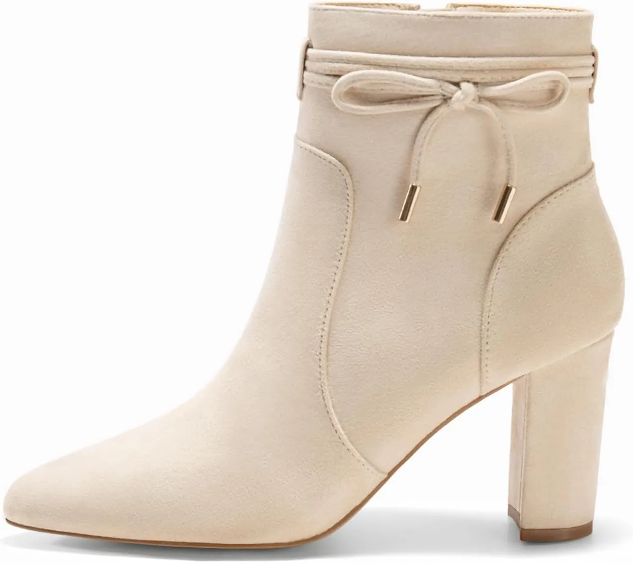 Coutgo Womens Pointed Toe Ankle Boots Chunky Block Heel Tie Knot Side Zipper Dressy Booties
