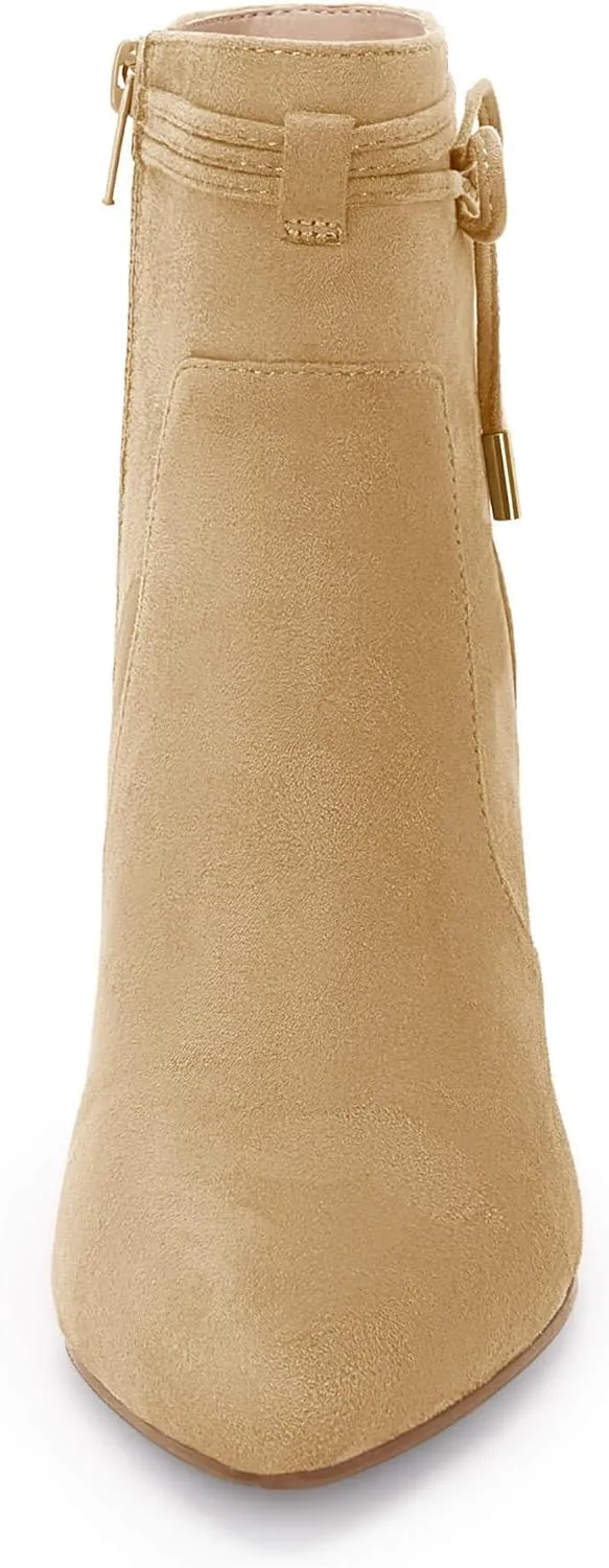 Coutgo Womens Pointed Toe Ankle Boots Chunky Block Heel Tie Knot Side Zipper Dressy Booties