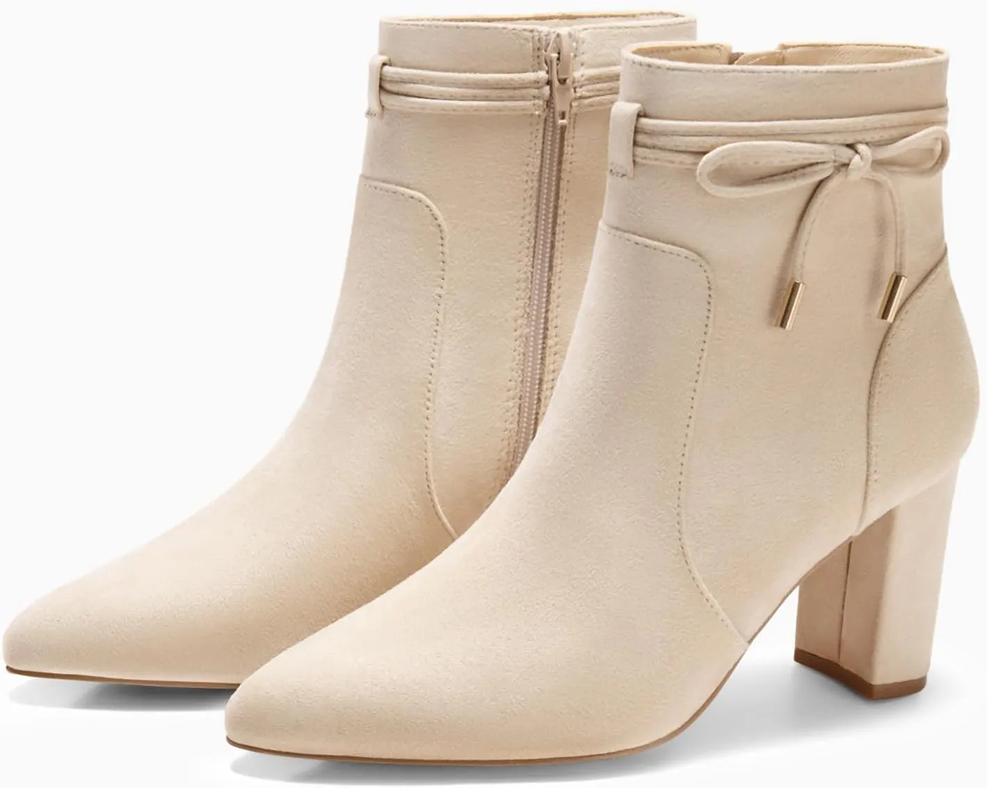 Coutgo Womens Pointed Toe Ankle Boots Chunky Block Heel Tie Knot Side Zipper Dressy Booties