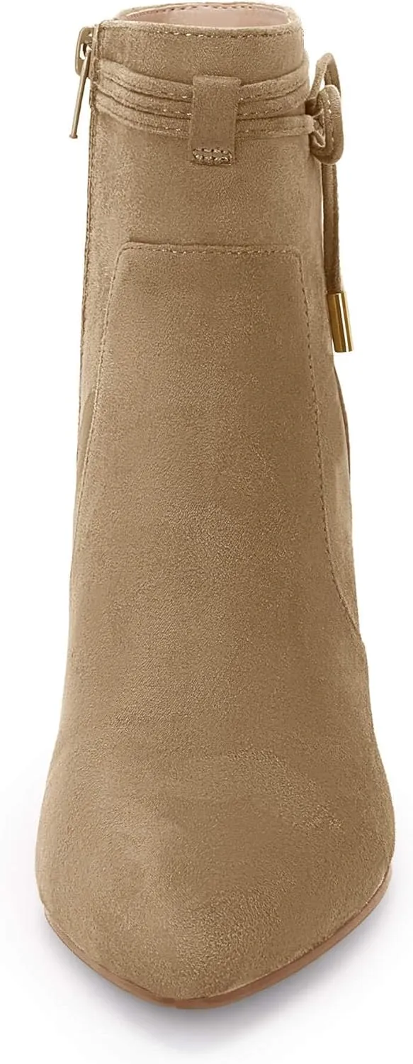 Coutgo Womens Pointed Toe Ankle Boots Chunky Block Heel Tie Knot Side Zipper Dressy Booties