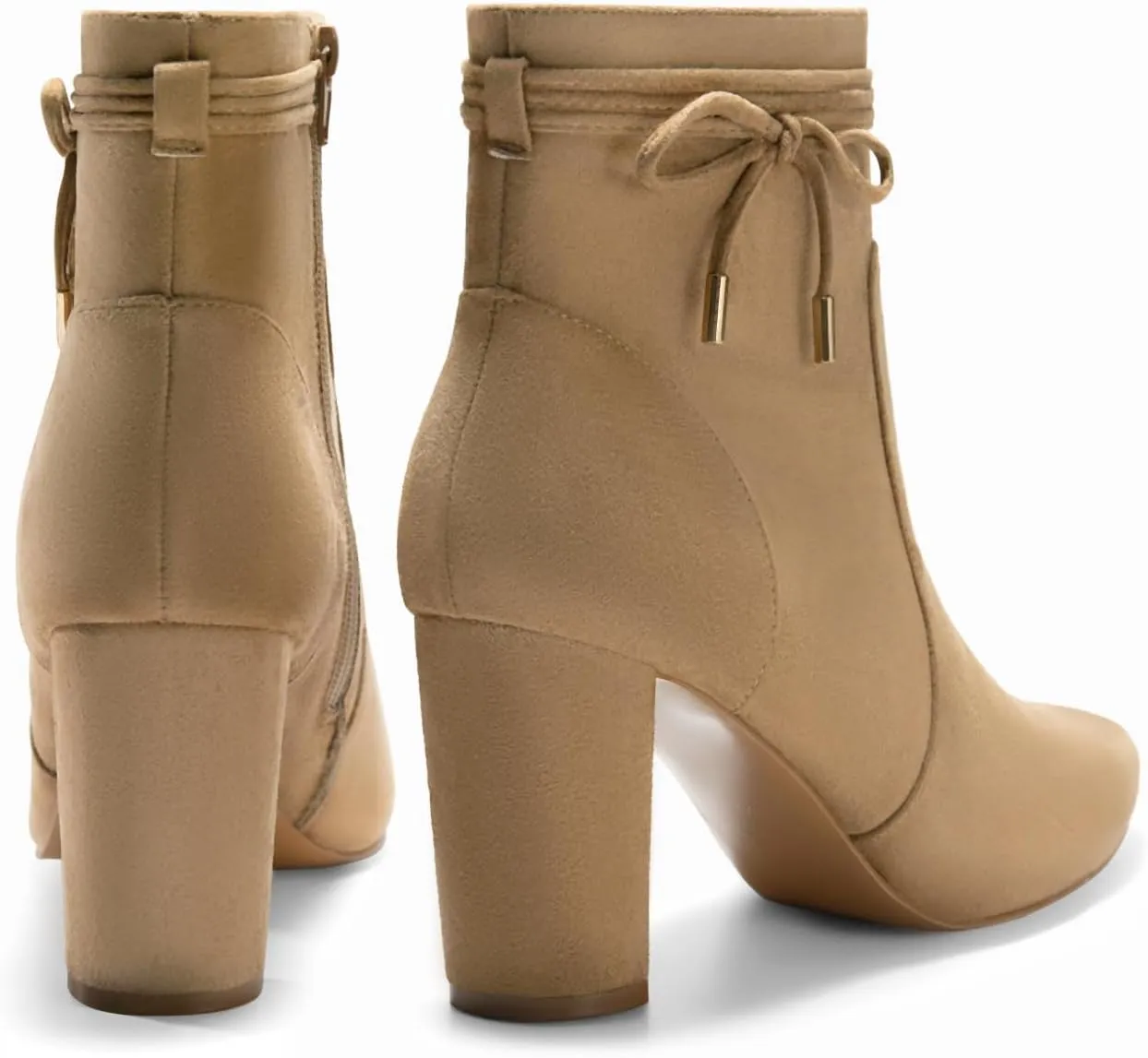 Coutgo Womens Pointed Toe Ankle Boots Chunky Block Heel Tie Knot Side Zipper Dressy Booties