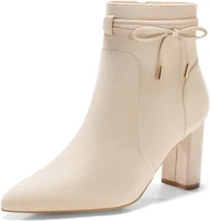 Coutgo Womens Pointed Toe Ankle Boots Chunky Block Heel Tie Knot Side Zipper Dressy Booties