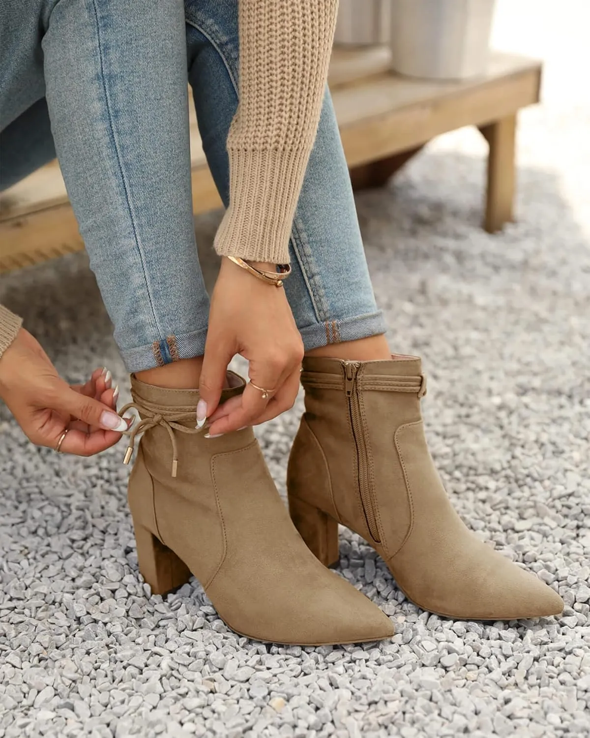 Coutgo Womens Pointed Toe Ankle Boots Chunky Block Heel Tie Knot Side Zipper Dressy Booties