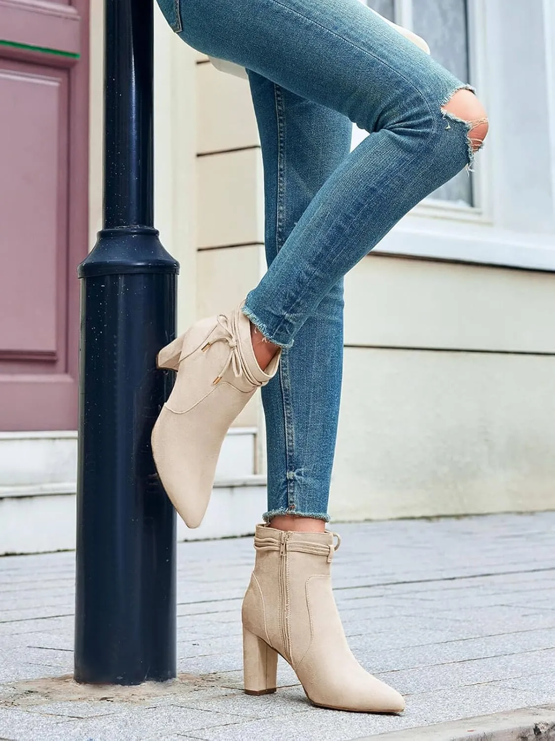 Coutgo Womens Pointed Toe Ankle Boots Chunky Block Heel Tie Knot Side Zipper Dressy Booties