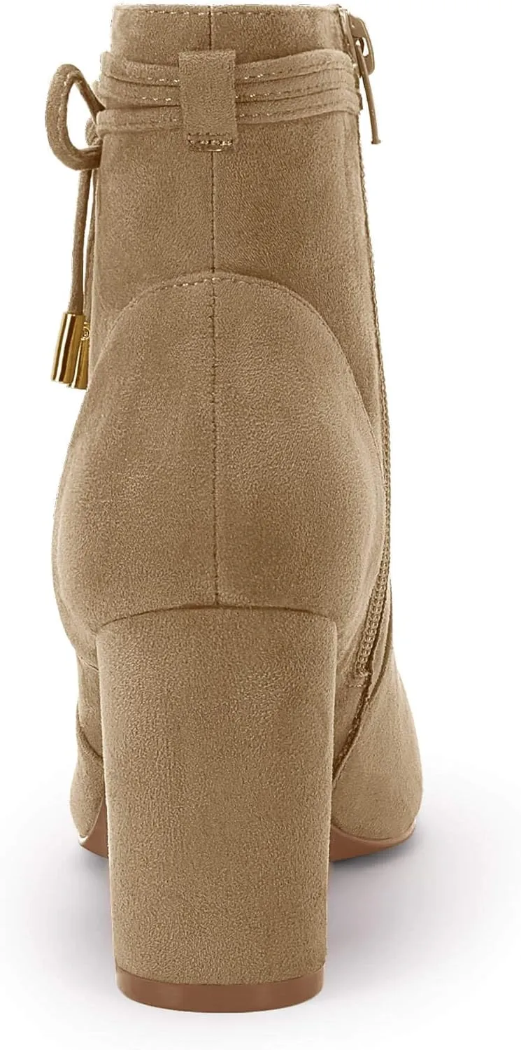 Coutgo Womens Pointed Toe Ankle Boots Chunky Block Heel Tie Knot Side Zipper Dressy Booties