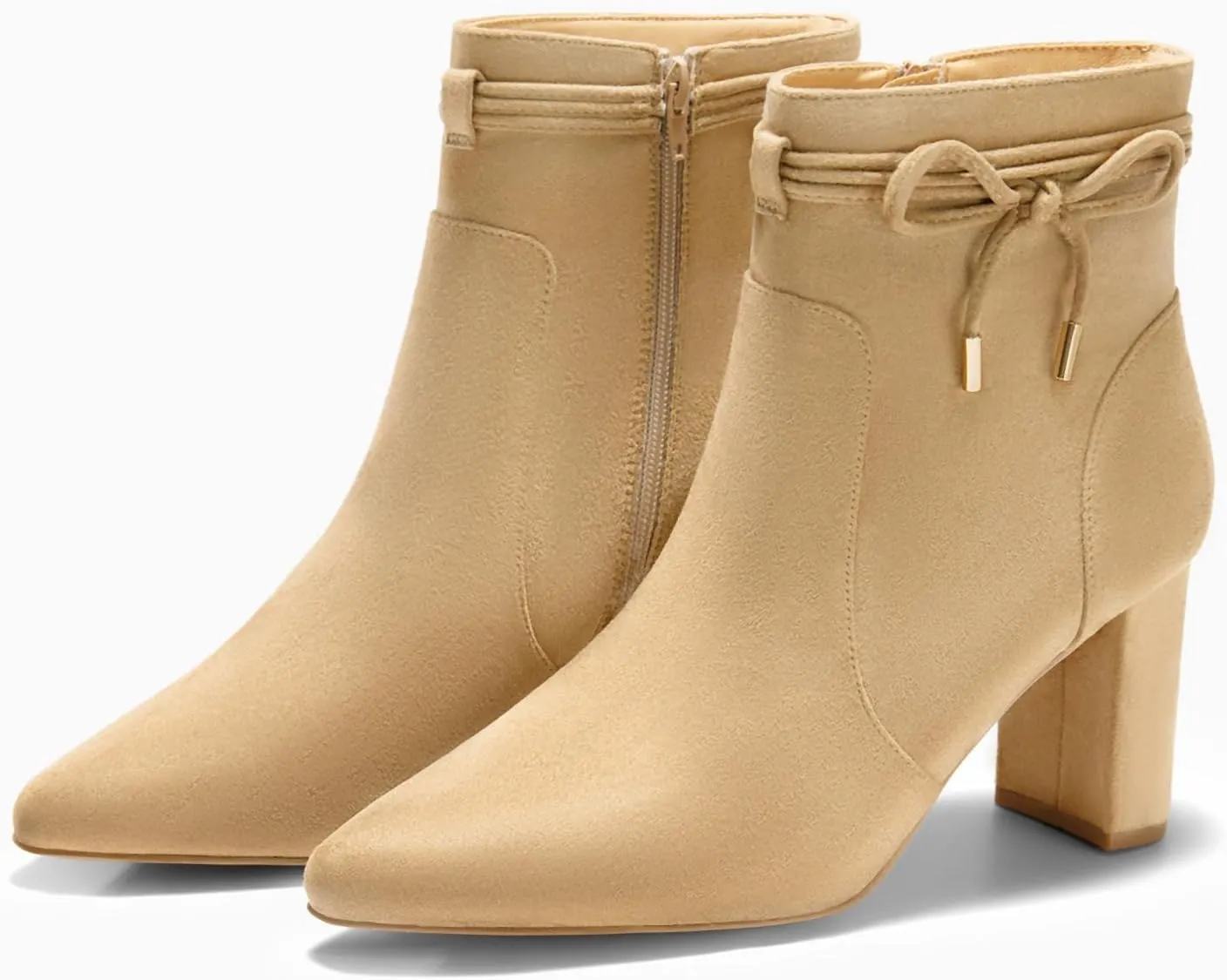 Coutgo Womens Pointed Toe Ankle Boots Chunky Block Heel Tie Knot Side Zipper Dressy Booties