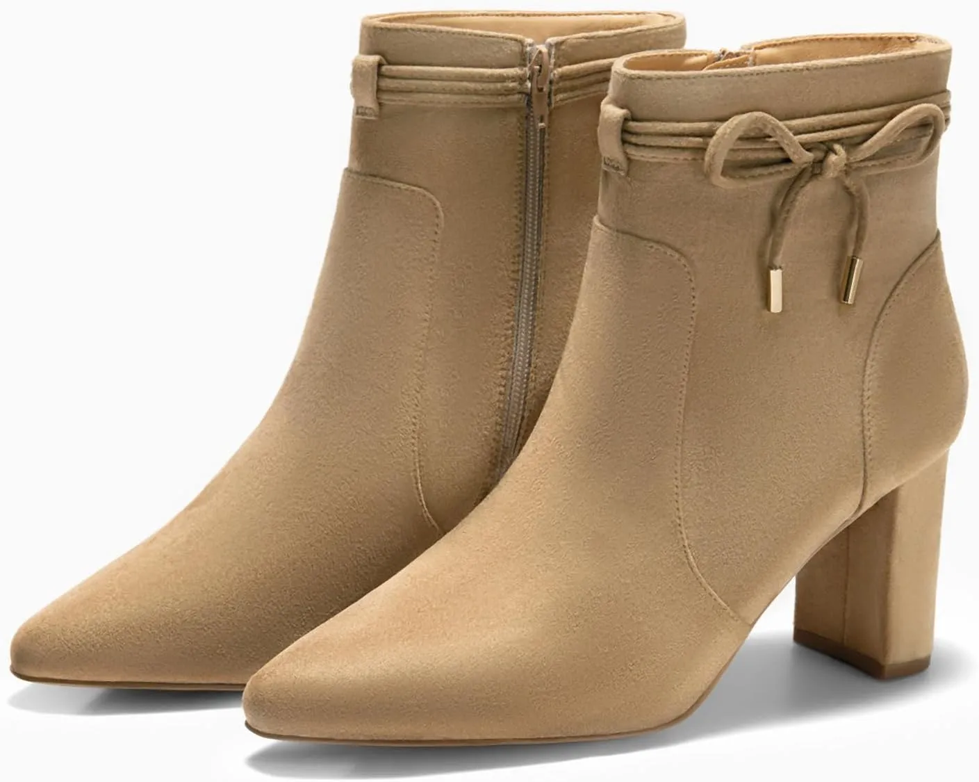 Coutgo Womens Pointed Toe Ankle Boots Chunky Block Heel Tie Knot Side Zipper Dressy Booties