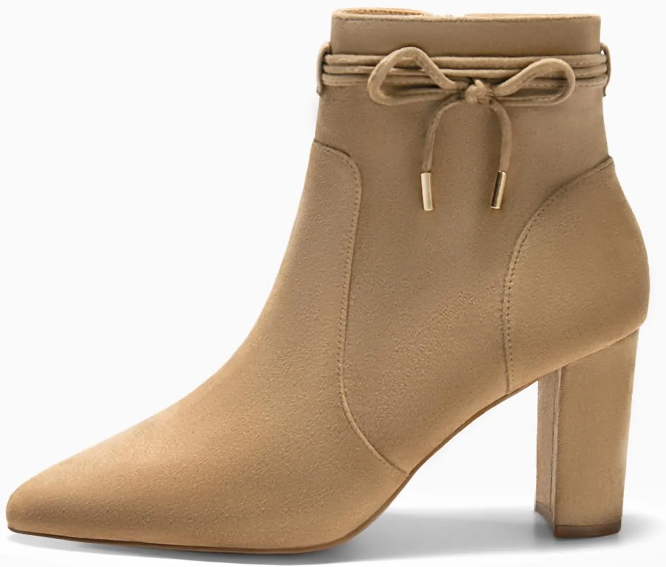 Coutgo Womens Pointed Toe Ankle Boots Chunky Block Heel Tie Knot Side Zipper Dressy Booties