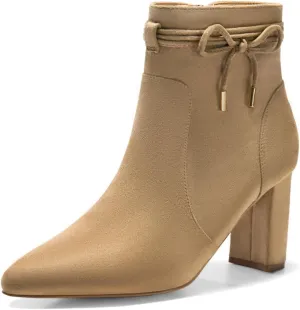 Coutgo Womens Pointed Toe Ankle Boots Chunky Block Heel Tie Knot Side Zipper Dressy Booties