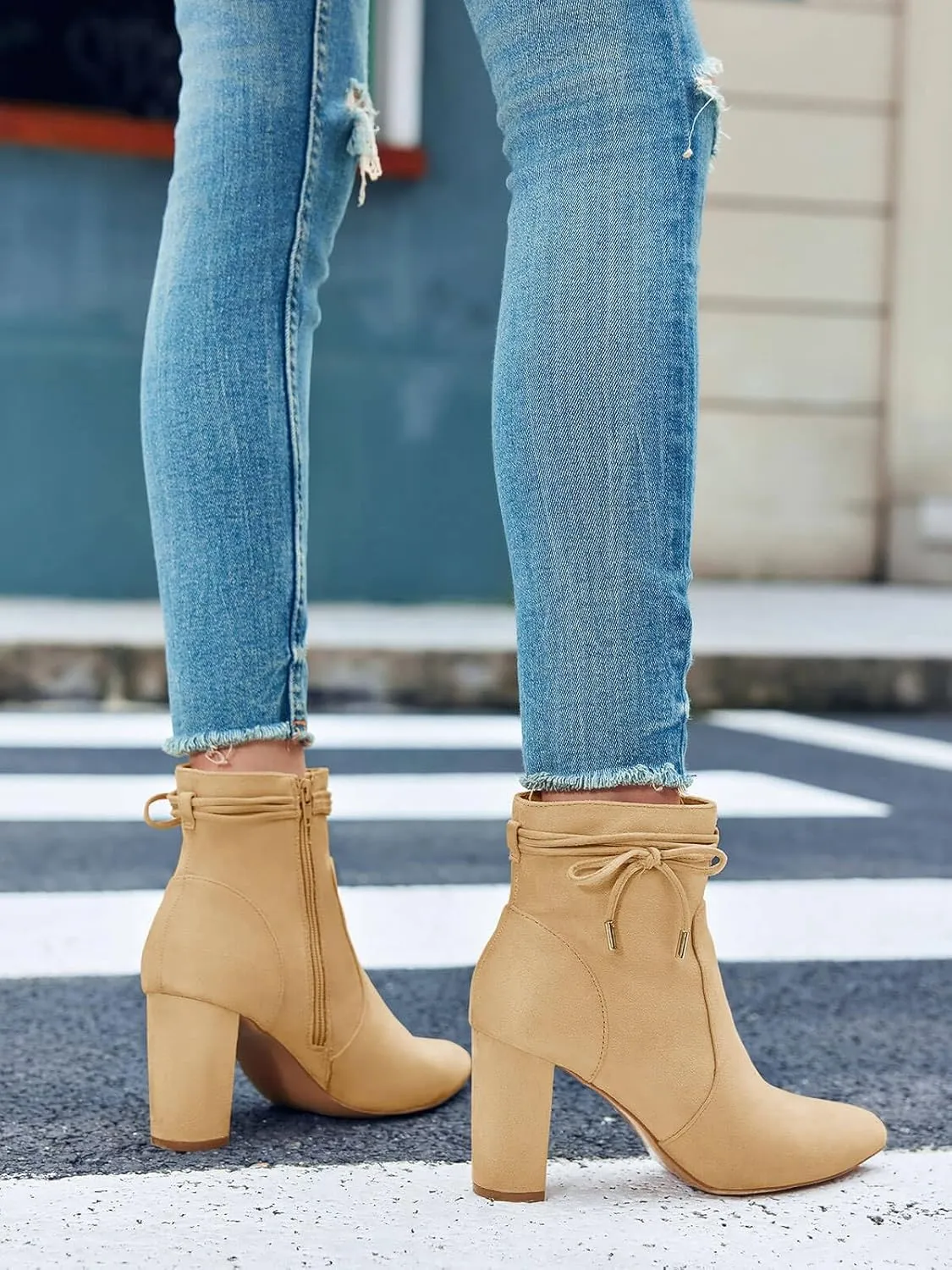 Coutgo Womens Pointed Toe Ankle Boots Chunky Block Heel Tie Knot Side Zipper Dressy Booties