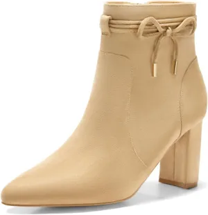 Coutgo Womens Pointed Toe Ankle Boots Chunky Block Heel Tie Knot Side Zipper Dressy Booties